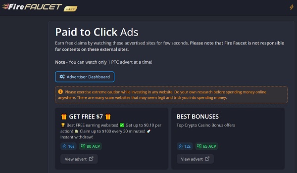 Viewing ads on FireFaucet – Earn additional ACP rewards