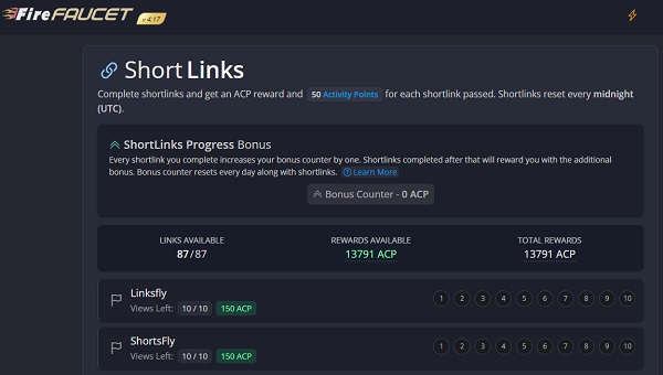 Completing Shortlinks on FireFaucet - Accumulate ACP and Activity Points