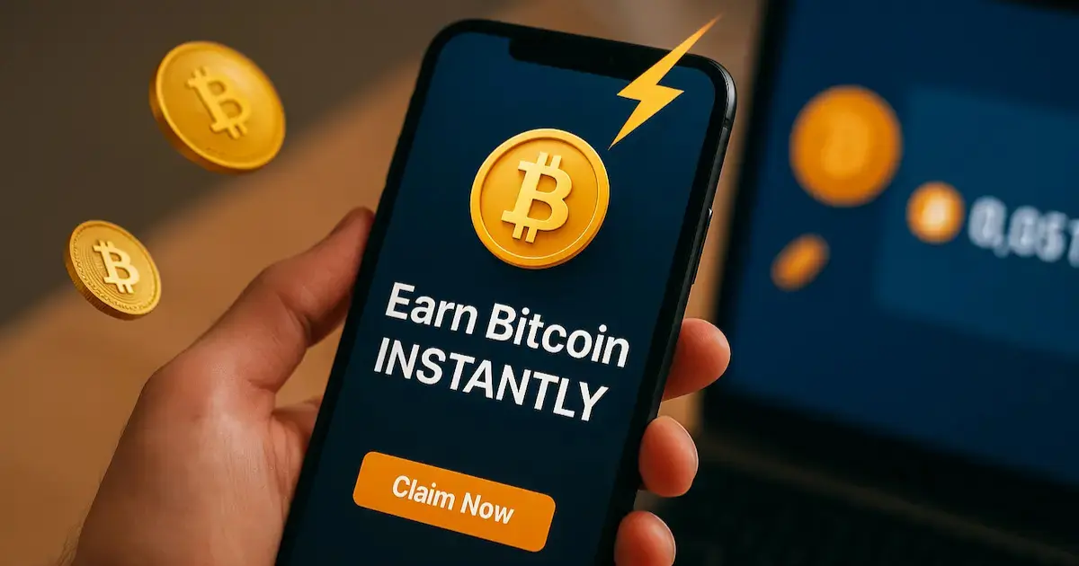Earn Bitcoin Instantly – smartphone screen with BTC icon, lightning bolt, and Claim Now button