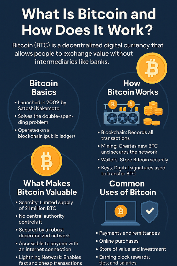 Infographic explaining what Bitcoin is and how it works, including its decentralized nature, peer-to-peer transactions, and limited supply.