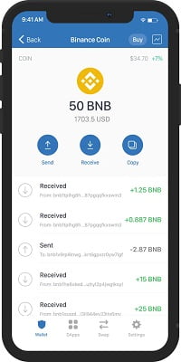 Binance Trust Wallet mobile app showing BNB coin receive and send functions